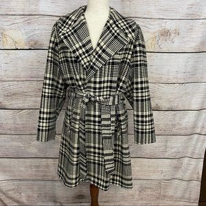 Vintage 60s 70s Perkins Shearer Black and Cream Plaid Wool Tie Pea Coat
